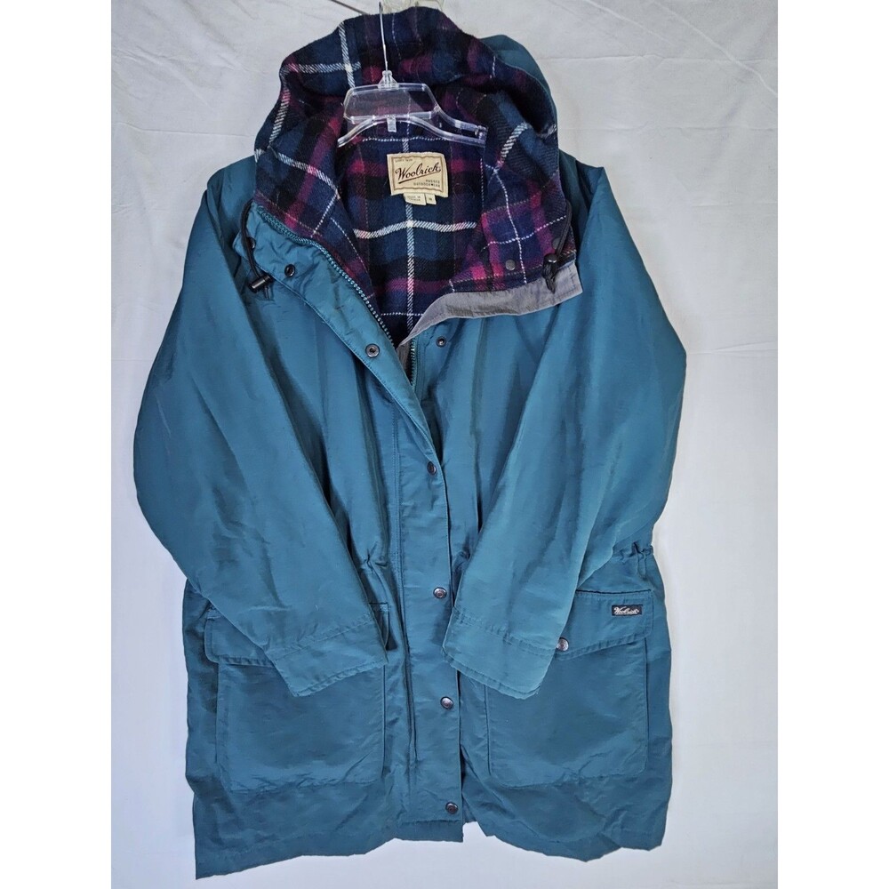Woolrich Jacket Women's Medium Teal Green Parka Wool Plaid Lined Hooded Vintage